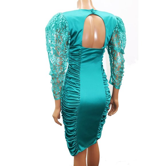 Mavens of California Vintage Body Con 80s Ruche Party Dress Puff Lace Sleeve 7 - Picture 9 of 10